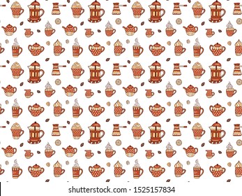 
Seamless pattern of mugs of coffee, tea and cappuccino, a jugs of milk, coffee beans, a pieces of sugar, halves and a slices of lemon, sugar bowls, teapots, French Presses and cezve. Vector.