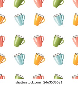 Seamless pattern with mugs. Colorful cups isolated on white background.  Coffee, tea, beverages. Web design, textile, print, packaging
