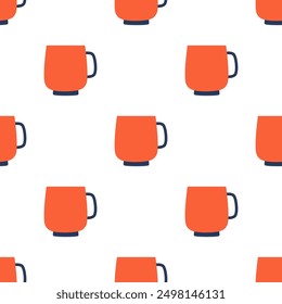 seamless pattern with mugs, colorful cups for coffee, tea, beverages isolated on white background, flat design for textile, print, packaging