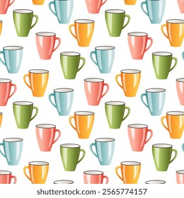 Seamless pattern with mugs. Colorful cups isolated on white background.  Coffee, tea, beverages. Web design, textile, print, packaging
