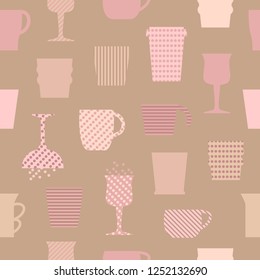 Seamless pattern of mugs, cups and glasses with polka dots and stripes. Retro flat design. Easy to edit colors in Illustrator (vector eps 10).