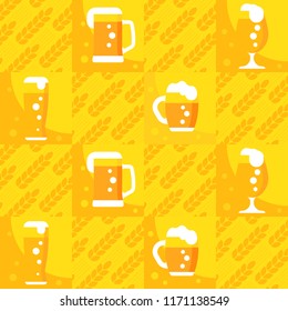 Seamless pattern mugs and glass of beer. Yellow vector background.