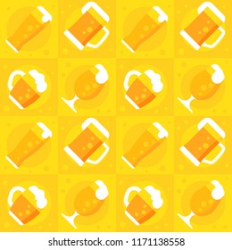 Seamless pattern mugs and glass of beer. Yellow vector background.