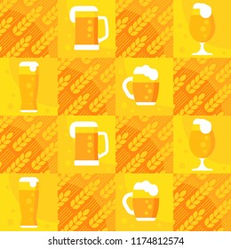 Seamless pattern mugs and glass of beer. Yellow vector background.