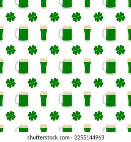 Seamless pattern with mugs and glasses with green beer and clover for Saint Patrick's Day. Design for fashion prints, textiles, wallpaper, wrapping paper.