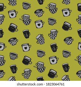 seamless pattern with mugs. hand drawn mugs. yellow vector pattern.