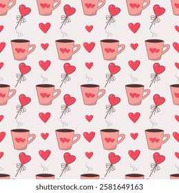 Seamless pattern of mugs with hearts and lollipops. Fabric texture for Valentine's day, background with cups and hearts. Romantic vector background for Valentine's day.