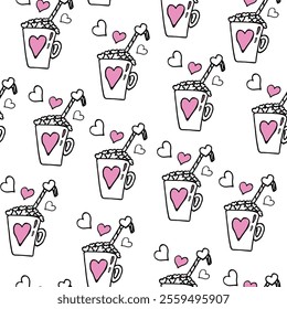 Seamless pattern with mugs of hot drink with hearts, marshmallows and straw in doodle style