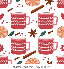 seamless pattern with mugs Hot mulled wine traditional christmas  drink vector
