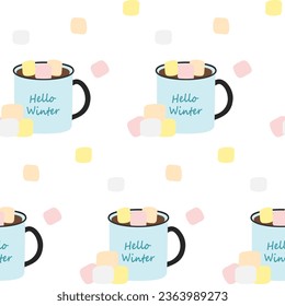 Seamless pattern of mugs with lettering Hello winter, drink and marshmallow in trendy seasonal hues
