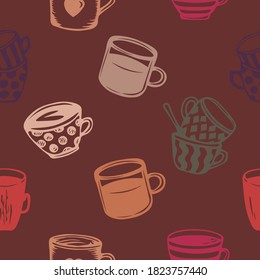 seamless pattern with mugs outline. hand drawn mugs. vector pattern.
