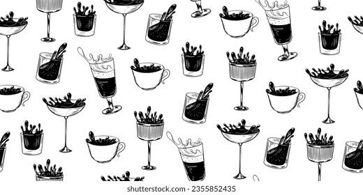 Seamless pattern with mugs of spilled coffee, glasses of cocktail. Different spilled drinks. Splash of wine, tea, cocktail, whiskey. Alcoholic drinks with splash. Sketch style drinking glasses