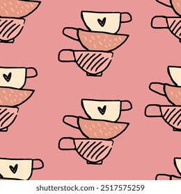 Seamless pattern of mugs. Template for Notebook covers, pattern for wallpapers, textile or for cafe, coffee shop, restaurant. Doodle vector arts. Childish naive illustrations