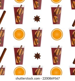 Seamless pattern with mulled wine with an anise star, cinnamon stick and orange slices in a transparent glass with steam on white background. Hot winter drink. 