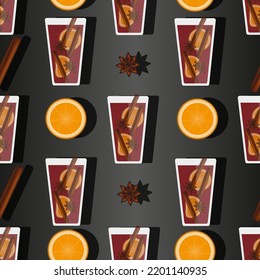 Seamless pattern with mulled wine with an anise star, cinnamon stick and orange slices in a transparent glass with steam on a black background. Hot winter drink. 