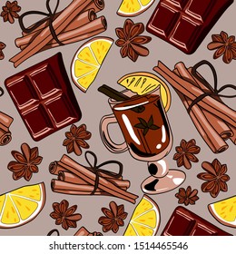 
Seamless pattern. Mulled wine, cinnamon, orange, chocolate. Coziness in the house.