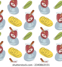 Seamless pattern of Mulled wine with cinnamon stick, apple slice, lemon zest, green leaves and spots
