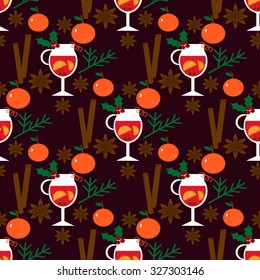 Seamless pattern with mulled wine, cinnamon and other elements