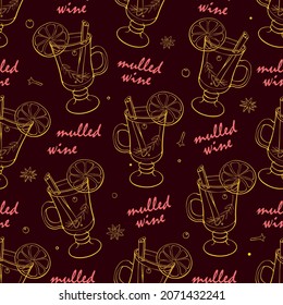 Seamless pattern of mulled wine cocktail in special glass. Hand drawn doodle style vector contour winter christmas holiday background and texture