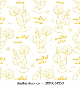 Seamless pattern of mulled wine cocktail in special glass. Hand drawn doodle style vector contour winter christmas holiday background and texture