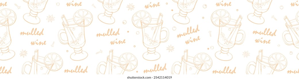 Seamless pattern of mulled wine cocktail in special glass. Hand drawn doodle style vector contour winter christmas holiday background and texture