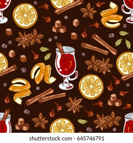 Seamless pattern with mulled wine, fruit and spices, vector illustration