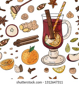 Seamless pattern with mulled wine, fruites and spices on the white background
