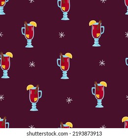 Seamless Pattern Mulled wine in a glass with orange slices, cinnamon cloves and anise. Christmas hot drink. Vector illustration cartoon style