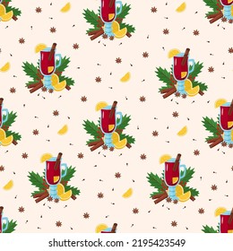 Seamless Pattern Mulled wine in a glass with orange slices, cinnamon cloves and anise. Christmas hot drink, viburnum branches with berries. Vector illustration cartoon style