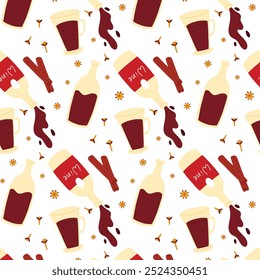 Seamless pattern with mulled wine in hand drawn style. Pattern with red wine grog with spices. Print with hot mulled wine. Vector illustration.