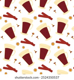 Seamless pattern with mulled wine in hand drawn style. Pattern with red wine grog with spices. Print with hot mulled wine. Vector illustration.