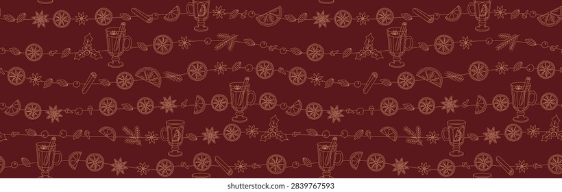 Seamless pattern with mulled wine, hot drink ingredients, winter beverage, spices and orange slice doodles on line garlands. Repeating vector texture for christmas wallpaper or wrapping paper.