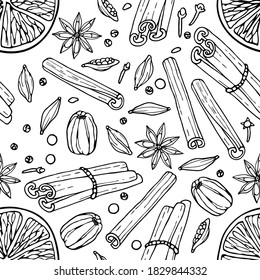 Seamless pattern with Mulled wine ingredients. Hand drawn Winter elements. Doodle Outline vector illustration. Hot winter drink recipe. Christmas drinking. For wallpaper, wrapping, scrapbooking