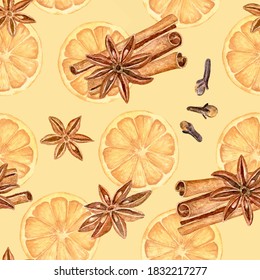 Seamless pattern with mulled wine ingredients: oranges, anise stars, cinnamon sticks and clove spice.
