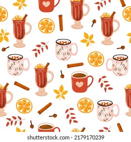 Seamless pattern with mulled wine, ingredients and hot drink.
Vector pattern for background, fabric, textile, wrap, surface, web and print design.