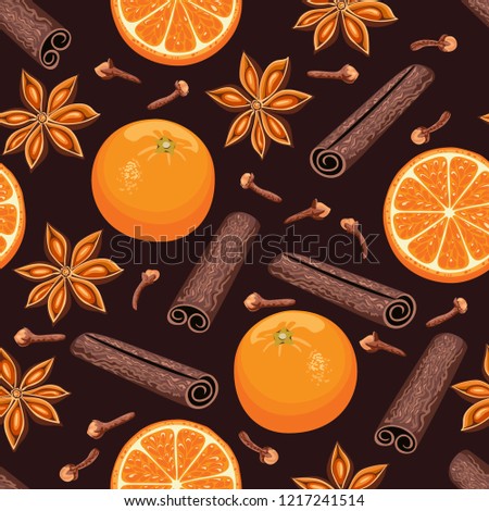 Seamless pattern with mulled wine ingredients on dark background. Orange whole and slice, cinnamon stick, star anise, cloves. Christmas drink. Vector illustration of spices in cartoon flat style.