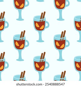 Seamless pattern. Mulled wine with orange slices, and sticks of cinnamon. Winter Christmas season Hot drink. Vector flat illustration.