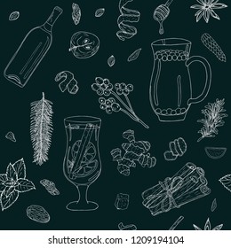 Seamless pattern with mulled wine spice set. Contours of elements on a black background.