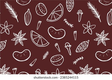 Seamless pattern of mulled wine spices, anise stars, cinnamon, fir branches, orange slices, zest, cloves. Hot drink recipe ingredients. Vector wallpaper. Hand drawn backdrop. Aromatic spice.