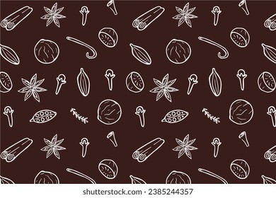 Seamless pattern of mulled wine spices, anise stars, cinnamon, fir branches, orange slices, zest, cloves. Hot drink recipe ingredients. Vector wallpaper. Hand drawn backdrop. Aromatic spice.