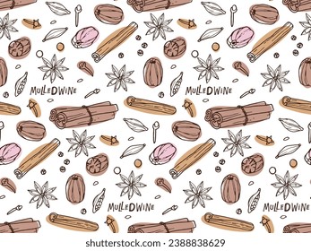 Seamless pattern with mulled wine spices. Hand drawn Winter elements. Doodle Outline vector illustration. Hot winter drink recipe. Christmas drinking. For wallpaper, wrapping, scrapbooking.