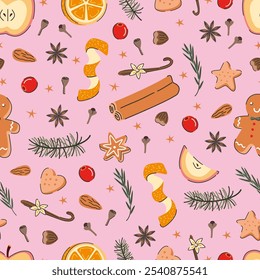 Seamless pattern of mulled wine spices. Illustration of gingerbread, anise stars, cinnamon, fir branches, orange slices, zest, and cloves. Christmas drink ingredients on pink background. 