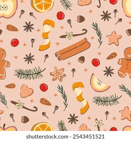 Seamless pattern of mulled wine spices. Illustration of gingerbread, anise stars, cinnamon, fir branches, orange slices, zest, and cloves. Christmas drink ingredients on beige background. 