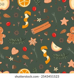 Seamless pattern of mulled wine spices. Illustration of gingerbread, anise stars, cinnamon, fir branches, orange slices, zest, and cloves. Christmas drink ingredients on green background. 