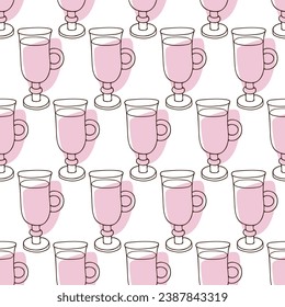 Seamless pattern with Mulledwine. Wine Glass cup with pink liquid, wine, mulledwine. Hand drawn sketch vector illustration on white background. Repeated background for textile, paper, wallpaper.