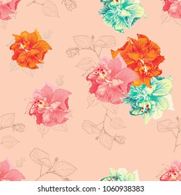 Seamless pattern Multi color Hibiscus flowers and leaves on  pink pastel isolated bacground.Vector illustration drawing.