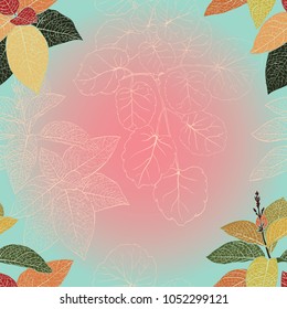 Seamless pattern multi color leafs and line art on gradient pastel pink and green background.Vector illustration.Minimalist stlye.