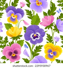 Seamless pattern with multi color pansy flowers, buds and leaves. Surface design for any decoration, textile printing, printed issues, greeting cards. Vector illustration
