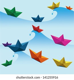 Seamless pattern of multi colored boats floating on water. Blue gradient waves as main background.