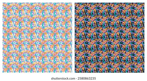 Seamless pattern with multi colored circular blots and dots, united into rings. Abstract ornament for printing on fabrics and gift paper. Vector on white and black background